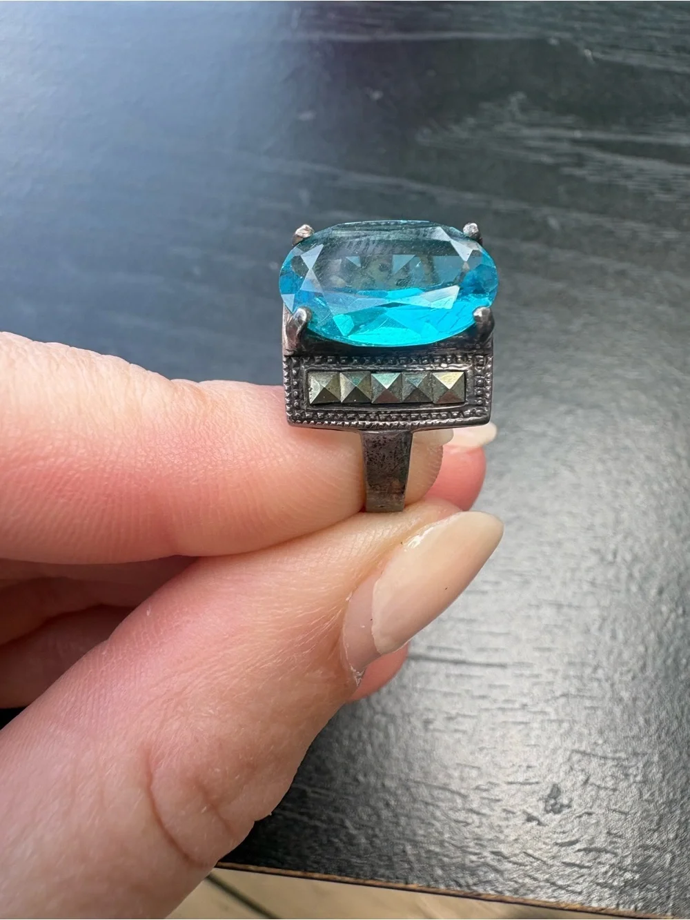 Sterling Silver Statement Ring with Blue Gemstone - Size 7.5